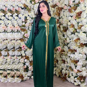 Siskakia Maroko Kaftan arabų Suknelės Moterims Rudenį 2020 Aukso Juostele V-Kaklo, ilgomis Rankovėmis ir Musulmonų turkų Drabužius Minkšto Satino