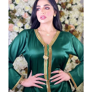 Siskakia Maroko Kaftan arabų Suknelės Moterims Rudenį 2020 Aukso Juostele V-Kaklo, ilgomis Rankovėmis ir Musulmonų turkų Drabužius Minkšto Satino