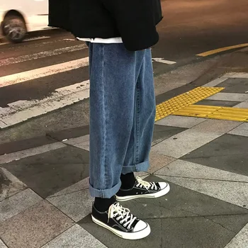 Honkongo stiliaus 2020 Mados prarasti retro jeans brand korėjos Krovinių pločio kojų kelnės naujos dienos laukinių tiesiai kulkšnies ilgio kelnės