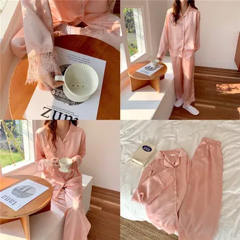 Patogūs, minkšti, šilko pižama komplektas rožinė nėriniai kratinys sleepwear moterų namų drabužių pink lolita princess namuose nustatyti kelnes Y121