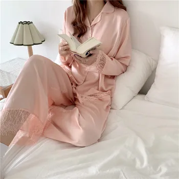 Patogūs, minkšti, šilko pižama komplektas rožinė nėriniai kratinys sleepwear moterų namų drabužių pink lolita princess namuose nustatyti kelnes Y121