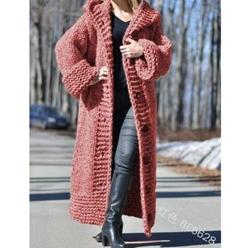 Ilgi susagstomi megztiniai Moterų Megztinis su Gobtuvu Rudens Žiemos Naujas Kieto ilgomis Rankovėmis Single-breasted Plius Dydžio Megztinis Lugentolo