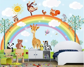 Beibehang užsakymą foto tapetai Darželio animacinių filmų žirafa gyvūninės vaivorykštė vaikas kambario sienos fone 3d tapetai behang