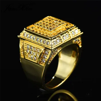 JUNXIN Geometrijos Dideli Žiedai Vyrams, Geltonos Aukso Užpildytas Nutiesti White Crystal Akmens Vestuvinis Žiedas Vyrų Mažas Cirkonis Aikštėje Žiedas Papuošalai