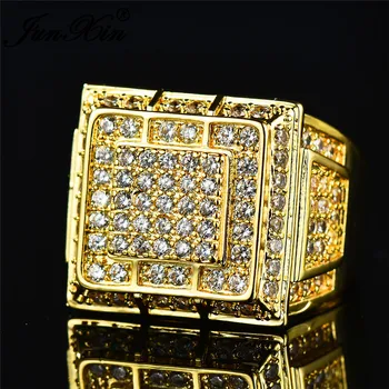 JUNXIN Geometrijos Dideli Žiedai Vyrams, Geltonos Aukso Užpildytas Nutiesti White Crystal Akmens Vestuvinis Žiedas Vyrų Mažas Cirkonis Aikštėje Žiedas Papuošalai