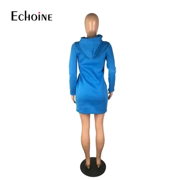 Echoine Moterų rudenį, Žiemą Mini Suknelė Atsitiktinis Mados Gobtuvu Visą Rankovės Kišenės Virš Kelio Suknelė, Kietas Tvarstis Bodycon Suknelės