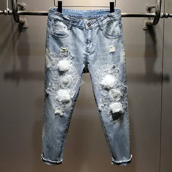 Europa stotis 2020 m. pavasario ir vasaros korėjos naujas palaidi tiesūs džinsai moterų siuvinėjimo pearl gėlių mados buvo plonas moteris