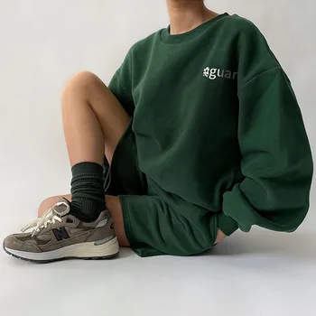 Žalia Derliaus Stilingas Raštas, Siuvinėta Negabaritinių Marškinėlius Moterims Šiltos Žiemos Viršūnes Atsitiktinis Paauglių Mergaičių Laisvi Naujas Prašmatnus Streetwear