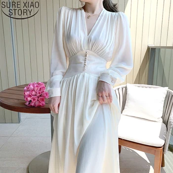 Elegantiška, Seksuali Suknelė Moterims, Balta ilgomis Rankovėmis Šalis Suknelė Office Lady V-kaklo Laisvi 