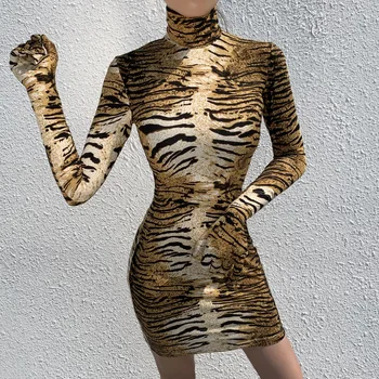 Tigras Spausdinti Moterų Mini Suknelė su Pirštines 2019 Naujo Dizaino Seksualus Klubas Šalies Bodycon ilgomis Rankovėmis Slim Pieštuku Klubas, Golfo Suknelės