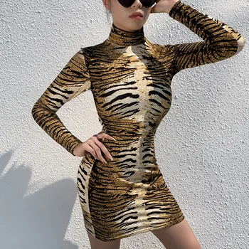 Tigras Spausdinti Moterų Mini Suknelė su Pirštines 2019 Naujo Dizaino Seksualus Klubas Šalies Bodycon ilgomis Rankovėmis Slim Pieštuku Klubas, Golfo Suknelės