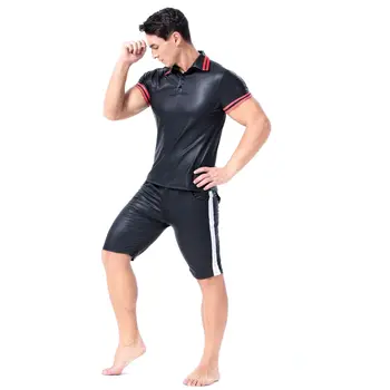 Mados Mens PU Odos sportinius Marškinėlius, Seksualus Fitneso Dirbtiniais Odos Juoda Undershirts Sexy Gay Dėvėti Hip-Hop Vyrų Drabužius