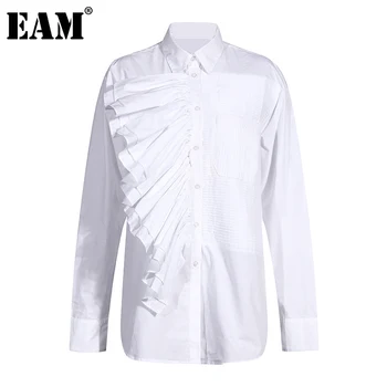 [EAM] Moterys, Baltos spalvos Klostuotas Nereguliarus didelio Dydžio Palaidinė Naujas Medynas Apykakle ilgomis Rankovėmis Laisvi Marškinėliai Mados Pavasario Rudens 2021 1DA245