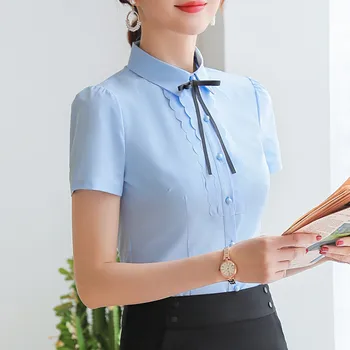 Elegantiškas Marškinėliai Moterims 2019 Naujas Vasaros Trumpomis Rankovėmis Slim Peteliškę Šifono Palaidinė Office Ponios Oficialaus Darbo Temperamentas Viršūnės