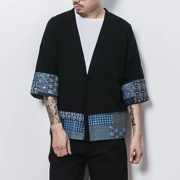 MRDONOO Vasaros Japonų kimono stiliaus skraiste, kailis vyrai laisvi didelio dydžio septynių taškų rankovėmis marškinėliai retro stiliaus Kinijos cardigan 8808