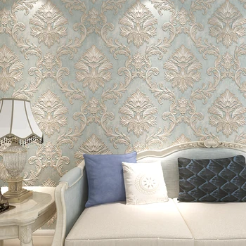 Europos Stiliaus tapetų 3D Iškilumo Mėlyna Damaske Tapetai Gyvenamasis Kambarys su Sofa-lova, TV Foną, Sienos, Namų Dekoro Papel De Parede 3 D