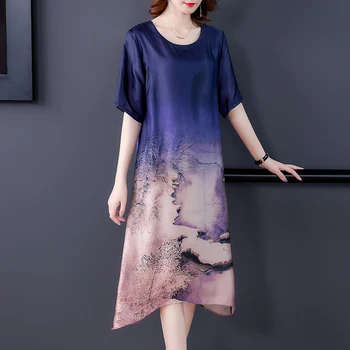 Vasaros spausdinimas šilko suknelė naują retro spausdinimo trumpas rankovės ilga suknelė didelio dydžio prarasti elegantiškas patogumas