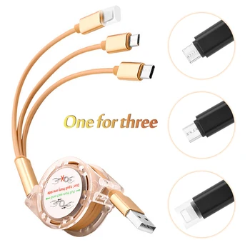 3 In 1 USB Kabelį, Tipas C 8Pin Micro USB Kabelis Ištraukiamas 0.3-1.2 M iPhone Samusng Xiaomi 