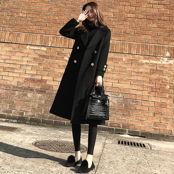 Ponia 2019 m. rudens ir žiemos naujų korėjos versija laisvi plonas vilnonis paltas moteriška ilgai skyriuje juodas vilnonis paltas mada Moterims