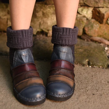 2019 megzti karvės odos susiuvimo moterų batai, retro, rankų darbo originalios butas-kulno batai pavasario, rudens, žiemos vidurio blauzdos Martin batai