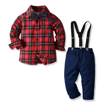 Baby Boy ' s Drabužiai-Dviejų dalių kostiumėlį, Vaikai Raudonas Pledas Modelis ilgomis Rankovėmis Marškinėliai + Mėlynas Ilgas Kelnes