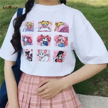 Sailor Moon Moterys T-Shirt Animacinių filmų Atsitiktinis Trumpas Rankovės Negabaritinių Prarasti Tees Viršūnės Vasarą Naujas O-Kaklo Saldus Jaunų Mergaičių marškinėliai