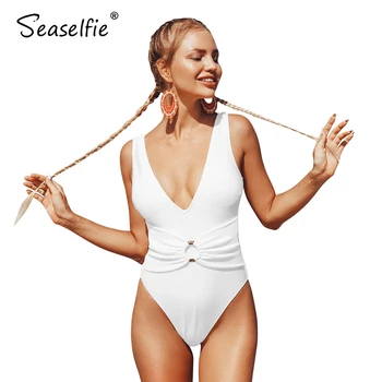SEASELFIE vientisos Baltos O-Žiedas Pasinėrus vientisi maudymosi kostiumėlis Moterims Seksualus V-kaklo Monokini maudymosi Kostiumėliai, 2021 Paplūdimio Maudymosi Kostiumą Paplūdimio