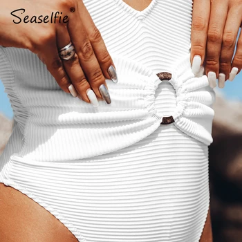 SEASELFIE vientisos Baltos O-Žiedas Pasinėrus vientisi maudymosi kostiumėlis Moterims Seksualus V-kaklo Monokini maudymosi Kostiumėliai, 2021 Paplūdimio Maudymosi Kostiumą Paplūdimio
