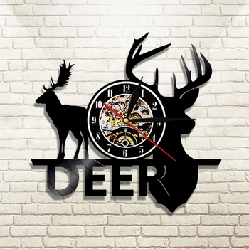 Miško Deer Hunter Vinilo Įrašas Sieninis Laikrodis Miškų, Laukinių Elnių Ragų, Elnių Galvos Gyvūnų Sienos Žiūrėti Namų Dekoro Medžiotojas Dovana