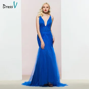 Dressv royal blue vakarinę suknelę v kaklo klostes rankovių undinė grindų ilgis vestuves oficialų suknelė vakaro suknelės
