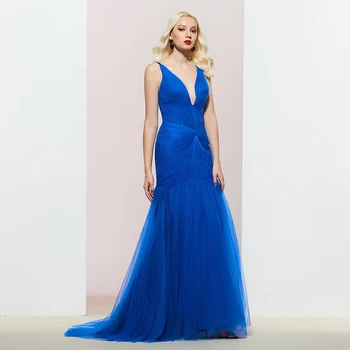 Dressv royal blue vakarinę suknelę v kaklo klostes rankovių undinė grindų ilgis vestuves oficialų suknelė vakaro suknelės