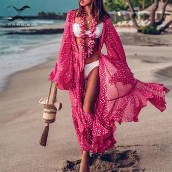 Ilgomis rankovėmis Polka dot bikini, 2019 Mujer Voratinkliai maudymosi kostiumėliai moterų paplūdimio drabužiai Long beach suknelė Seksualus Danga-ups kimono caftan paplūdimys