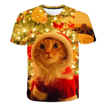 Vaikai marškinėlius 4-14 Y katė Santa Claus Linksmų Kalėdų Elnių Kalėdų eglutė 3d print T-marškinėliai berniukams, Mergaitėms trumpomis Rankovėmis Tee