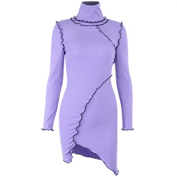 Ponia drabužių OVRCOS 2019 naujas vientisos spalvos ilgomis rankovėmis aukštu kaklu asimetrinė suknelė
