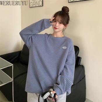 WERUERUYU Moterų nauja rudens ir žiemos korėjos stiliaus plius dydis dryžuotas prarasti sweatershirt