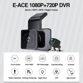 E-ACE B05 Automobilių DVR Kamera Mini 3,0 Colių Wifi FHD 1080P GPS Brūkšnys Kamera, Vaizdo magnetofoną, Auto Kamera, Dvigubas Objektyvas Su Galinio vaizdo Kamera