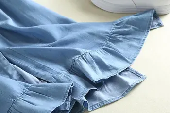 Vasaros džinsinio ilgi marškinėliai-suknelė moterims mygtuką iki trumpomis rankovėmis, pasukite žemyn apykaklės plisuotos atsitiktinis minkštas mėlynos spalvos Džinsai, ilgos suknelės medvilnės