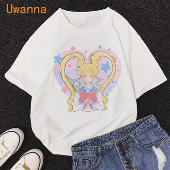 Vasaros Sailor Moon white T-shirt moterims, Harajuku Lady moterų Mielas Animacinių filmų Katės Marškinėlius Laisvalaikio mados spausdinimo didelėmis akimis marškinėliai