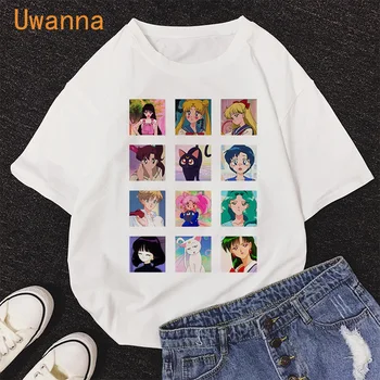 Vasaros Sailor Moon white T-shirt moterims, Harajuku Lady moterų Mielas Animacinių filmų Katės Marškinėlius Laisvalaikio mados spausdinimo didelėmis akimis marškinėliai