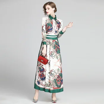 Riešo Rankovės Pasukite Žemyn Apykaklės Seksualus Gėlių Drugelis Spausdinti Suknelė 2020 Moterų Aukšto Juosmens Slim-line Elegantiškas Ilgas, Maxi Suknelė