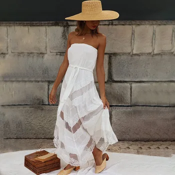 Tunika white beach suknelė moterims lankas susieta aukšto juosmens sexy nėrinių suknelės skraiste nesimetriškas prašmatnus ilgai boho suknelė atostogų vasaros suknelė