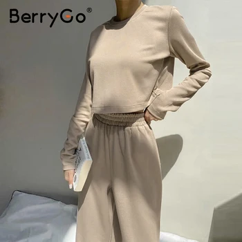 BerryGo vientisos spalvos atsitiktinis moterų dviejų dalių Laisvi moteriški laisvalaikio kostiumas Kasdien namo stilius moterų ilgomis rankovėmis kostiumas rudenį 2020 m.