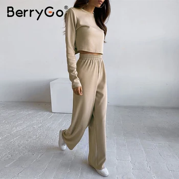 BerryGo vientisos spalvos atsitiktinis moterų dviejų dalių Laisvi moteriški laisvalaikio kostiumas Kasdien namo stilius moterų ilgomis rankovėmis kostiumas rudenį 2020 m.