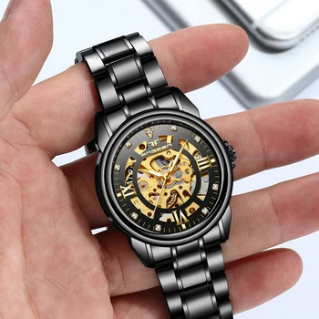 FNGEEN Markės Juodos spalvos Mechaninis laikrodis Vyrams 2020 Mados Graviravimas Dial Skeleton Laikrodis Automatinis laikrodis Vyrų Diamond Laikrodis Lašas