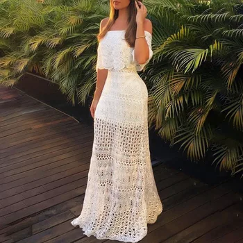 Baltos Spalvos Nėrinių Seksualus Maxi Suknelė Iki 2021 M. Vasarą Bohemijos Off Peties Tuščiaviduriai Iš Suknelės Kietas Pynimas Paplūdimio Atostogų Šalies Moterų Vestiods
