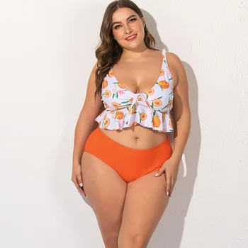 Moterų 2020 Plus Size 5XL Bikini Komplektas Orange Peach Spausdinimo Nereguliarus Pynimas Viršuje su Krūtinės Mygtukai Aukšto Juosmens Tinkamą Maudymosi kostiumas