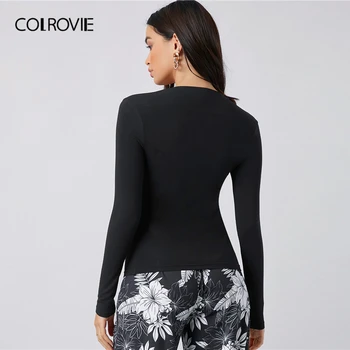 COLROVIE Juodas Kvadratas Kaklo Įrengtas Viršuje Moterų Pavasario ilgomis Rankovėmis su Briaunomis Tees Kietas Slim Fit Elegantiškas Mielas marškinėliai