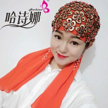 Blizga Moterų Grožio Gėlių Raštas Aukso China Skara Skara Duobute Arabų Islamo Vestuvių Hijab Šifono Kuklumas Skarelė Galvos Wrap