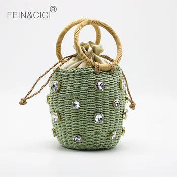 Paplūdimio krepšys turas rotango rankena austi kibirą, maišą šiaudų entire zawalcowany kristalai diamond krepšys krepšys moterims vasaros rankinės žalia gamta