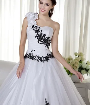 2020 Juoda Ir Balta Vieną Petį Kamuolys Suknelė Vestuvių Suknelės Senovinių Nėrinių Appliques 3D Gėlės Chalatas De Mariee Nuotakos Suknelės